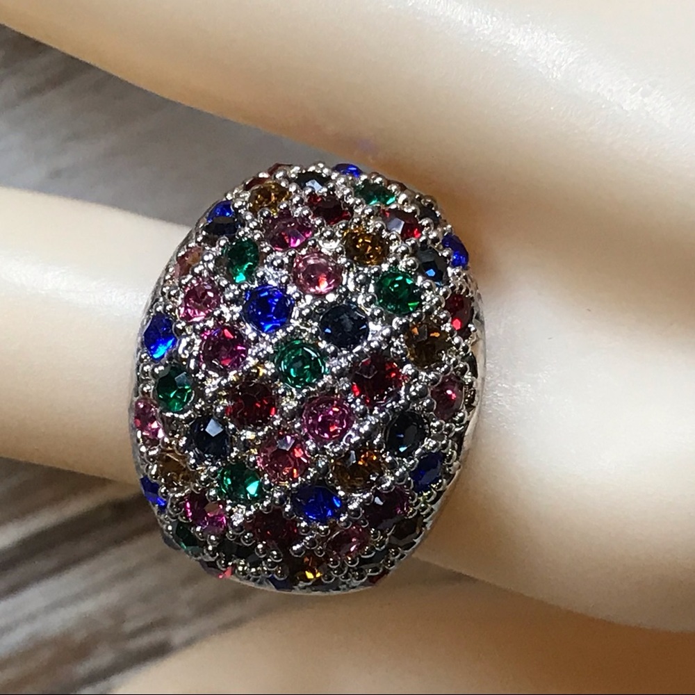 Silver RMN multicolored rhinestone statement ring